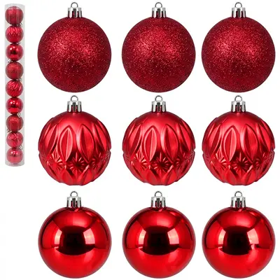 BOLA DE NATAL 6CM DE Ø VERMELHA MISTA LISA / LOSANGO FOSCA / GLITTER 9 PECAS NO TUBO