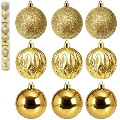 BOLA DE NATAL 6CM DE Ø DOURADA MISTA LISA / LOSANGO FOSCA / GLITTER 9 PECAS NO TUBO