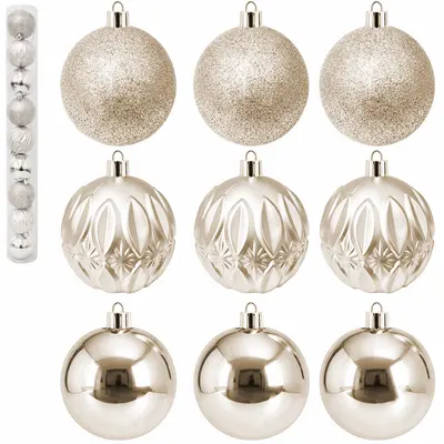 BOLA DE NATAL 6CM DE Ø CHAMPANHE MISTA FOSCA / LISA / GLITTER COM 9 PECAS NO TUBO