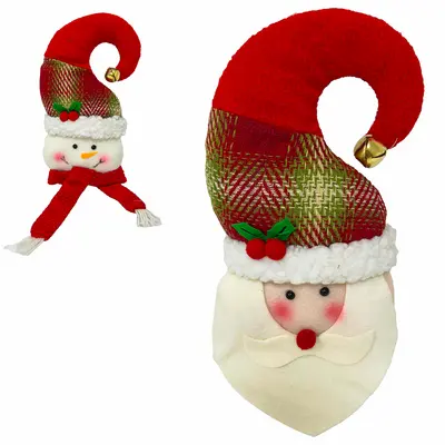 ENFEITE PENDURAR PAPAI NOEL / BONECO DE NEVE XADREZ VM COM GUIZO + LED A BATERIA 33X18CM