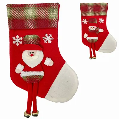 PENDENTE BOTA PAPAI NOEL / BONECO DE NEVE PERNA LONGA XADREZ VM COM GUIZO 40X22CM