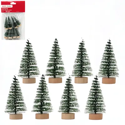 ENFEITE DE MESA MINI ARVORE NEVADA COM GLITTER COM BASE DE MADEIRA 8 PECAS 6X3CM DE Ø
