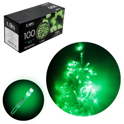 PISCA 100 LEDS VERDE 220V 50HZ 8 FUNCOES 8M FIO TRANSPARENTE LUMINA HOME