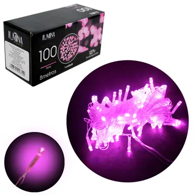 PISCA 100 LEDS ROSA 127V 60HZ 8 FUNCOES 8M FIO TRANSPARENTE LUMINA HOME