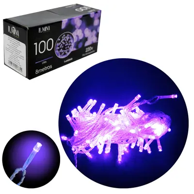 PISCA 100 LEDS LILAS 220V 50HZ 8 FUNCOES 8M FIO TRANSPARENTE LUMINA HOME