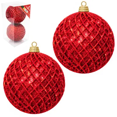 BOLA DE NATAL 10CM DE Ø VERMELHA TEXTURADA / GLITTER 2 PECAS