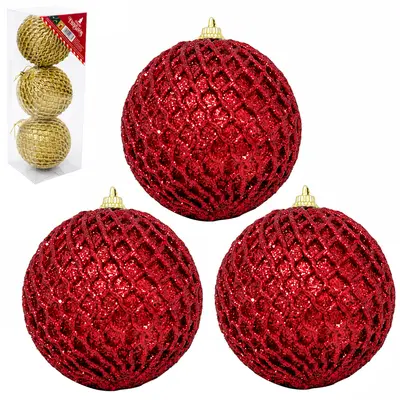 BOLA DE NATAL 8CM DE Ø DOURADA / VERMELHA BARBANTE COM 3 PECAS NA CAIXA PVC
