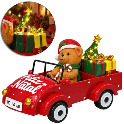 ENFEITE CARRO DE METAL FELIZ NATAL COM URSO + CAIXA DE PRESENTE E 15 MICRO LED BRANCO QUENTE A PILHA