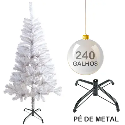 ARVORE DE NATAL 1,50M BRANCA COM 240 GALHOS E PE DE METAL