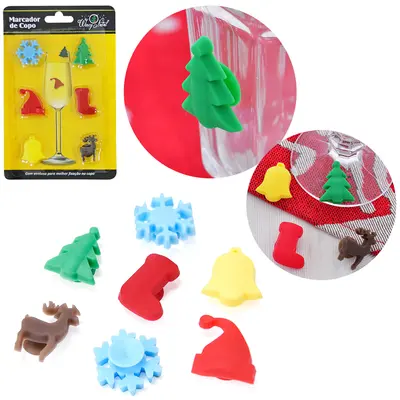 MARCADOR DE SILICONE PARA COPO / TACA DE VINHO COM VENTOSA SORTIDOS DE NATAL 6 PECAS 4CM