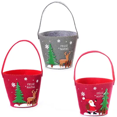 CESTO DE FELTRO COM ALCA FELIZ NATAL SORTIDOS DE NATAL 26X15CM DE Ø