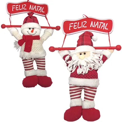 ENFEITE PENDURAR PLACA FELIZ NATAL PAPAI NOEL / BONECO DE NEVE PELUCIA 46X28CM