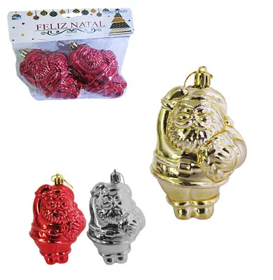 ENFEITE PENDURAR PAPAI NOEL PLASTICO LISO DOURADO / PRATA / VERMELHO DE NATAL COM 2 PECAS