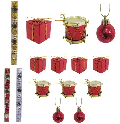 ENFEITE MISTO CAIXA DE PRESENTE / TAMBOR / BOLA DE NATAL COM 12 PECAS NA CAIXA DE PVC