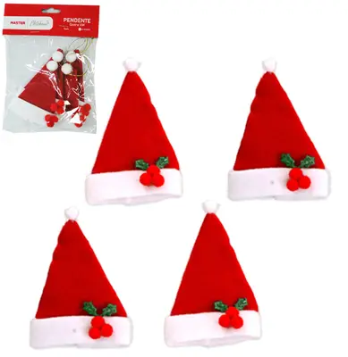 PENDENTE GORRO VERMELHO DE NATAL COM 4 PECAS 9CM