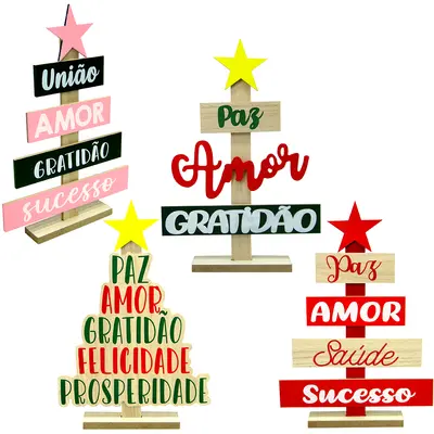 ENFEITE DE MADEIRA MDF ARVORE PLACAS FRASES DE NATAL 35X24CM