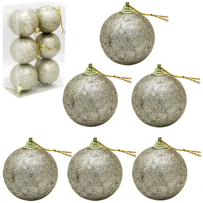 BOLA DE NATAL N.6 PRATA GLITTER LUXO CAIXA COM 6 PECAS