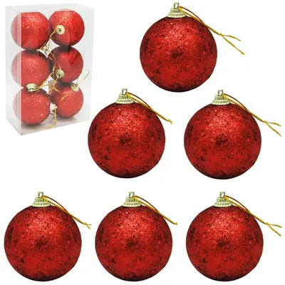 BOLA DE NATAL N.6 VERMELHA GLITTER LUXO CAIXA COM 6 PECAS