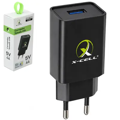 CARREGADOR DE TOMADA BIVOLT C/1 SAIDA USB 5V 4A X-CELL PRETO