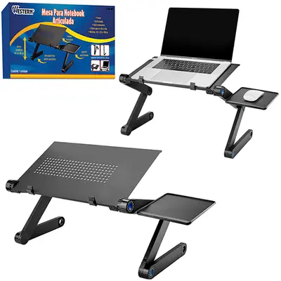MESA DE ALUMINIO ARTICULAVEL PARA NOTEBOOK E MOUSE 48X42X26CM NA CAIXA