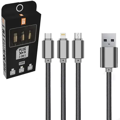 CABO PARA CELULAR LIGHTNING + TIPO C E V8 USB 3 EM 1 1,2M