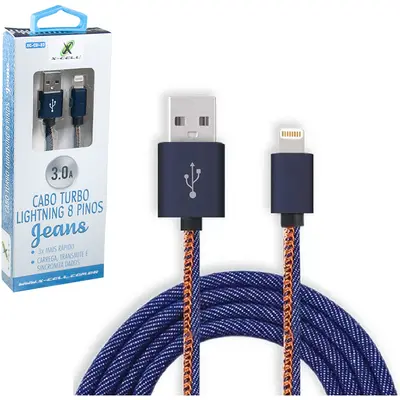 CABO PARA CELULAR LIGHTNING USB TURBO 8 PINOS JEANS 3,0A X-CELL 1M
