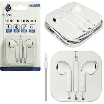 FONE DE OUVIDO IN EAR ESTEREO P3 COM MICROFONE EXTRA BASS EXOCELL 1,2 M NO ESTOJO NA CARTELA