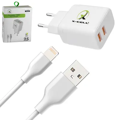 CARREGADOR DE TOMADA BIVOLT TURBO 25W COM 2 SAIDAS USB + CABO LIGHTNING X-CELL 1M