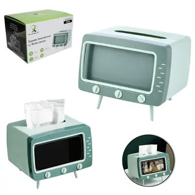 SUPORTE PARA CELULAR COM PORTA LENCOS DE PAPEL DE MESA DE PLASTICO RETANGULAR TV X-CELL 18,5X15X13,5CM