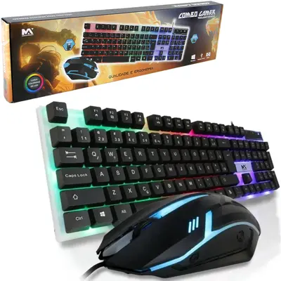 TECLADO E MOUSE PARA COMPUTADOR GAMER COM FIO USB + LUZ MAXMIDIA 107 TECLAS NA CAIXA