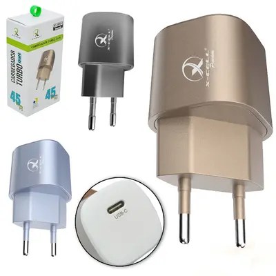CARREGADOR DE TOMADA BIVOLT TURBO GAN PD 45W COM 1 SAIDA TIPO C X-CELL PREMIUM