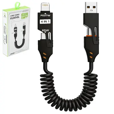 CABO PARA CELULAR TURBO FLEXIVEL LIGHTNING + TIPO C E USB 4 EM 1 65/27W PD X-CELL 1,2M