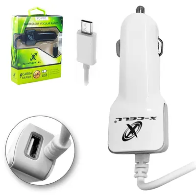 CARREGADOR VEICULAR RAPIDO COM SAIDA USB 2.5A E CABO V8 X-CELL 90CM