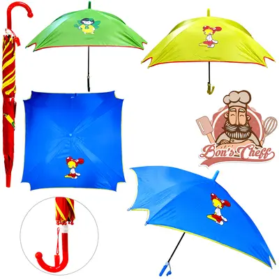 GUARDA CHUVA INFANTIL QUADRADO DE POLIESTER AUTOMATICO ESTAMPAS SORTIDAS 8 VARETAS CABO CURVO 100CM
