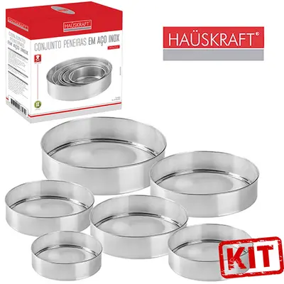 PENEIRA COADOR DE INOX HAUSKRAFT COM 6 PECAS 15 / 18 / 19,5 / 21 / 24 / 27CM DE Ø NA CAIXA