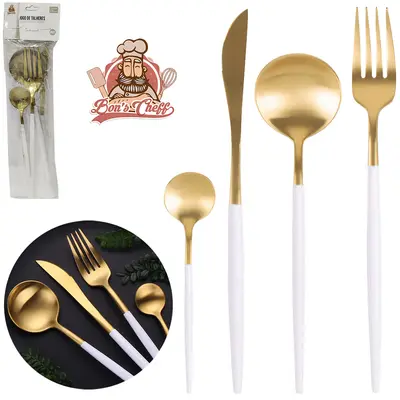 TALHER DE INOX BRANCO COM DOURADO COLHER / FACA / GARFO / COLHER DE SOBREMESA 4 PECAS BONS CHEFF