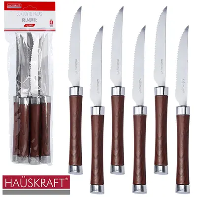 FACA DE MESA DE INOX CABO PLASTICO TIPO MADEIRA BELMONTE HAUSKRAFT COM 6 PECAS 22CM