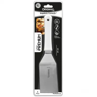 ESPATULA DE COZINHA DEGRAU DE INOX CABO PLASTICO BRANCO PREMIUM 2½'' 27CM NA CARTELA