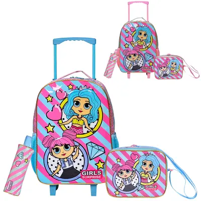 KIT MOCHILA INFANTIL FEMININA CARRINHO 16'' + LANCHEIRA 10'' E ESTOJO GIRLS SURPRISE