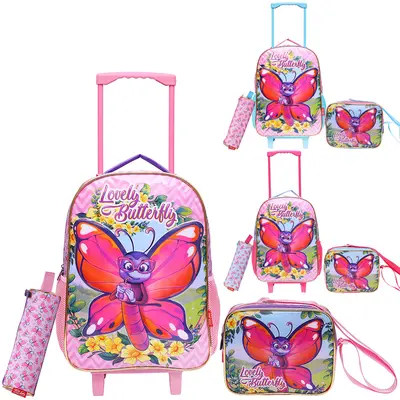 KIT MOCHILA INFANTIL FEMININA COM CARRINHO 16'' + LANCHEIRA 10'' E ESTOJO LOVELEY BUTTERFLY