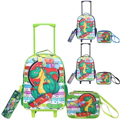 MOCHILA INFANTIL MASCULINA COM CARRINHO 16'' + LANCHEIRA 8'' E ESTOJO STANDARD DINOSAUR