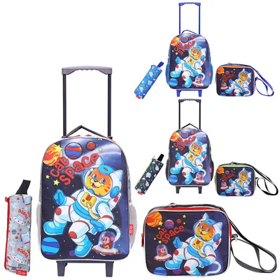 KIT MOCHILA INFANTIL MASCULINA COM CARRINHO 16'' + LANCHEIRA 10'' E ESTOJO CAT SPACE