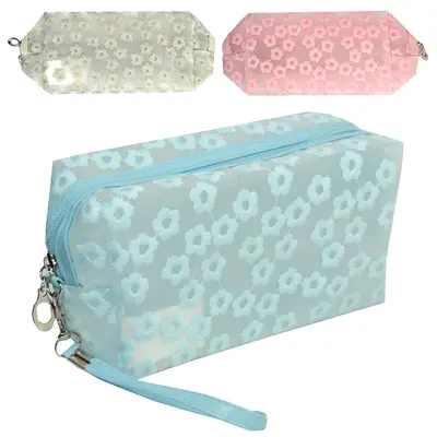 NECESSAIRE RETANGULAR FEMININA FLOR BORDADO COM ALCA E ZIPER 18,5X10X8CM