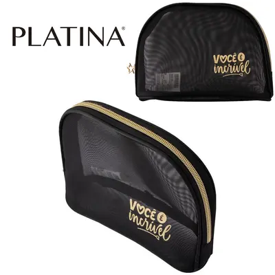 NECESSAIRE DE NYLON OVAL FEMININA VOCE E INCRIVEL COM ZIPER PLATINA 20X14X6CM