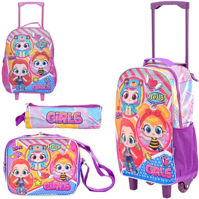 KIT MOCHILA INFANTIL FEMININA COM CARRINHO 16'' + LANCHEIRA 10'' E ESTOJO GIRLS SURPRISE