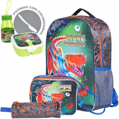 KIT MOCHILA INFANTIL MASCULINA 17'' + LANCHEIRA + ACESSORIOS STANDARD JAYKE DINOSAUR 6 PECAS