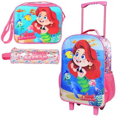 KIT MOCHILA INFANTIL FEMININA COM CARRINHO 16'' + LANCHEIRA 10'' E ESTOJO SWEET MERMAID