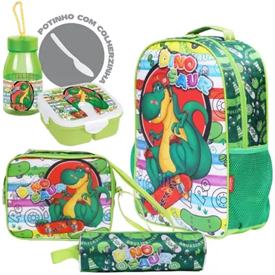 KIT MOCHILA INFANTIL MASCULINA 17'' COM LANCHEIRA + ACESSORIOS STANDARD DINOSAUR 6 PECAS