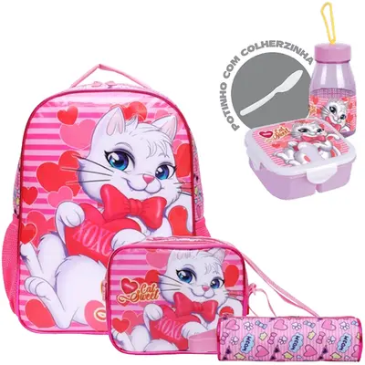 KIT MOCHILA INFANTIL FEMININA 17'' + LANCHEIRA + ACESSORIOS STANDARD CAT SWEET 6 PECAS