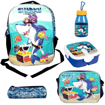 KIT MOCHILA INFANTIL MASCULINA 17'' + LANCHEIRA + ACESSORIOS 6 PECAS STANDARD O AMIGO SHARKY